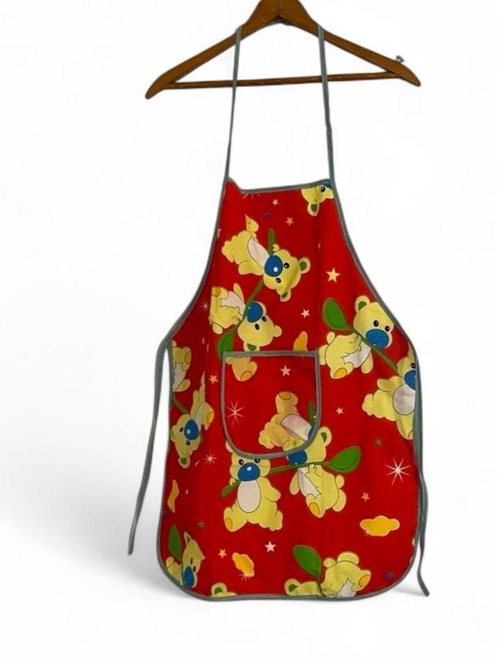 Vintage 90s Child's Apron Art Smock Red Yellow Teddy Bear Primary Color School